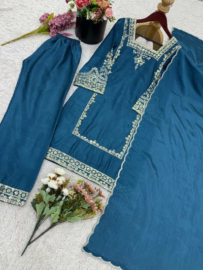 Teal Blue Sequence Embroidered Palazzo Suit Set - BONYHUBSALWAR KAMEEZ