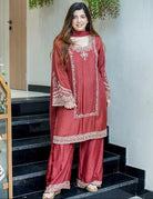 Rust Brown Sequence Embroidered Palazzo Suit Set - BONYHUBSALWAR KAMEEZ