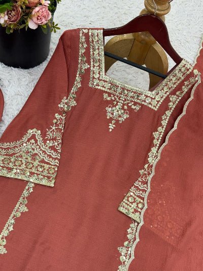 Rust Brown Sequence Embroidered Palazzo Suit Set - BONYHUBSALWAR KAMEEZ