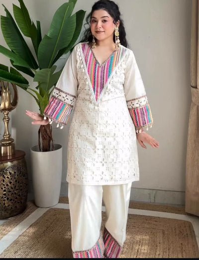 Ivory Cotton Khadi Schiffli Work Farshi Pant Kurti Set Of 2 - BONYHUBSALWAR KAMEEZ