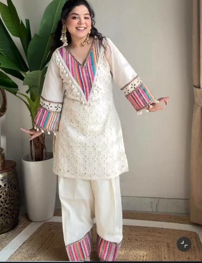 Ivory Cotton Khadi Schiffli Work Farshi Pant Kurti Set Of 2 - BONYHUBSALWAR KAMEEZ