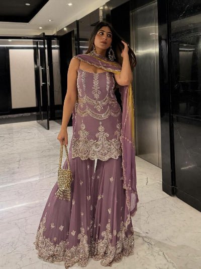 Lilac Georgette Designer Sharara Suit Set - BONYHUBSALWAR KAMEEZ
