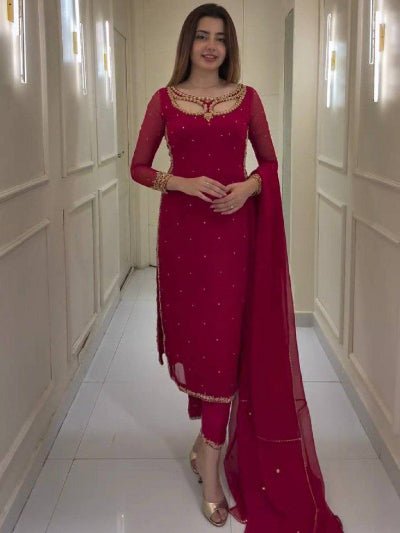 Maroon Georgette Moti Work Straight Suit Set - BONYHUBSALWAR KAMEEZ
