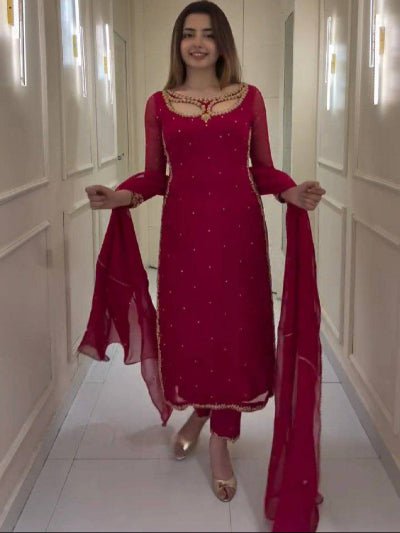 Maroon Georgette Moti Work Straight Suit Set - BONYHUBSALWAR KAMEEZ