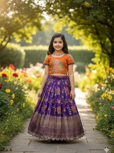 Kids Orange & Purple Silk Floral Lehenga Blouse Set - BONYHUBLehangas