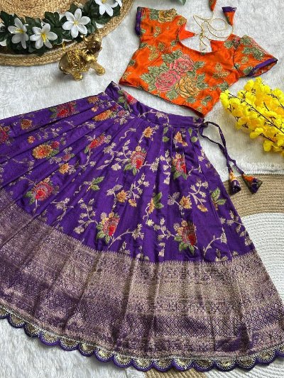 Kids Orange & Purple Silk Floral Lehenga Blouse Set - BONYHUBLehangas