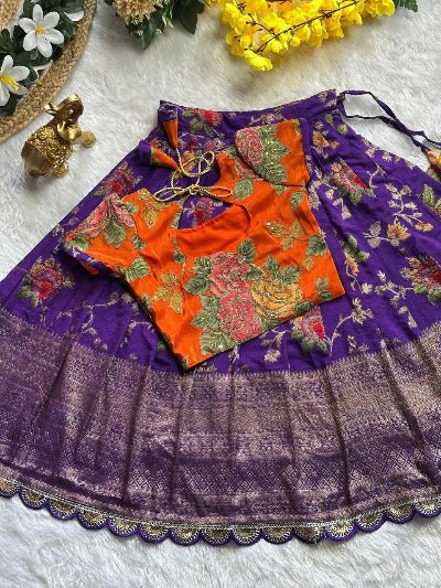 Kids Orange & Purple Silk Floral Lehenga Blouse Set - BONYHUBLehangas
