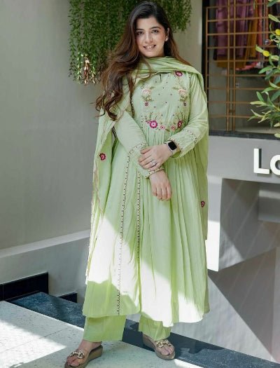 Mint Green Chanderi Silk Anarkali Suit Set - BONYHUBSALWAR KAMEEZ