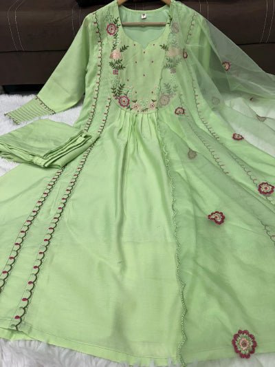 Mint Green Chanderi Silk Anarkali Suit Set - BONYHUBSALWAR KAMEEZ