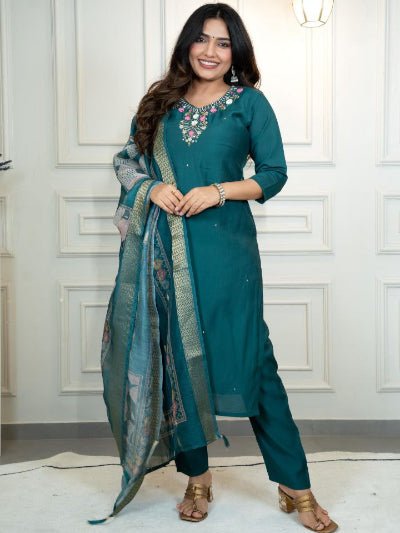 Teal Green Roman Silk Salwar Suit Set - BONYHUBSALWAR KAMEEZ