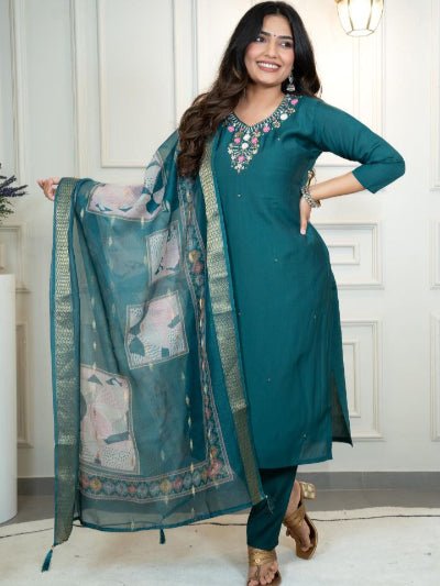 Teal Green Roman Silk Salwar Suit Set - BONYHUBSALWAR KAMEEZ