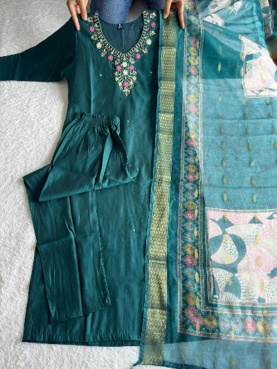 Teal Green Roman Silk Salwar Suit Set - BONYHUBSALWAR KAMEEZ