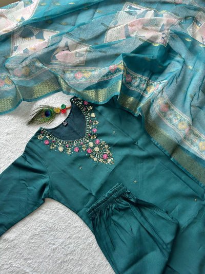 Teal Green Roman Silk Salwar Suit Set - BONYHUBSALWAR KAMEEZ