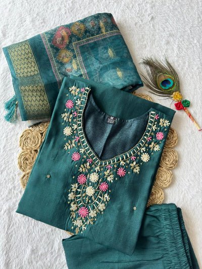 Teal Green Roman Silk Salwar Suit Set - BONYHUBSALWAR KAMEEZ