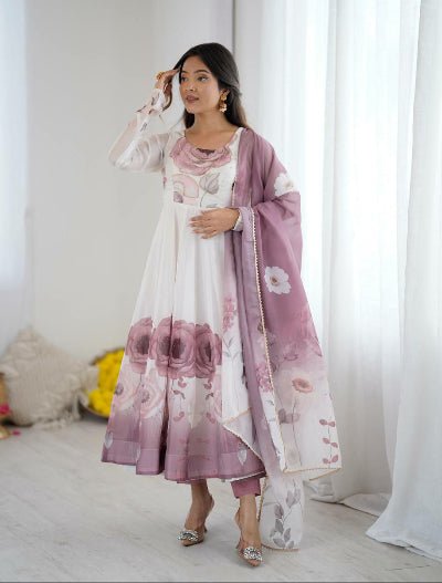 White Mauve Bloom Organza Silk Anarkali Suit Set - BONYHUBSALWAR KAMEEZ