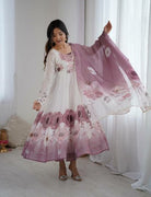 White Mauve Bloom Organza Silk Anarkali Suit Set - BONYHUBSALWAR KAMEEZ