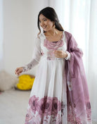 White Mauve Bloom Organza Silk Anarkali Suit Set - BONYHUBSALWAR KAMEEZ
