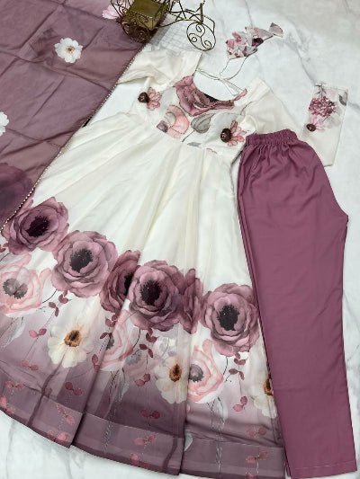 White Mauve Bloom Organza Silk Anarkali Suit Set - BONYHUBSALWAR KAMEEZ