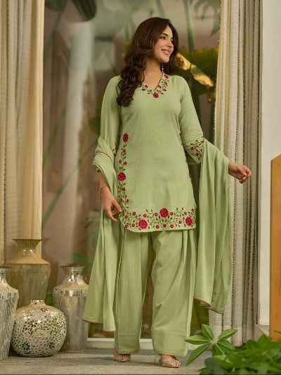 Pista Green Embroidered Farshi Salwar Suit