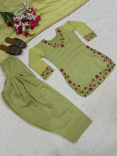 Pista Green Embroidered Farshi Salwar Suit