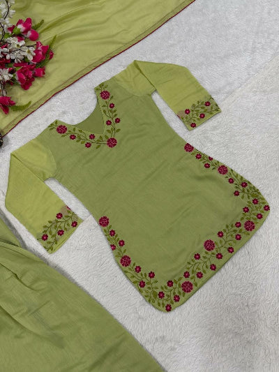 Pista Green Embroidered Farshi Salwar Suit