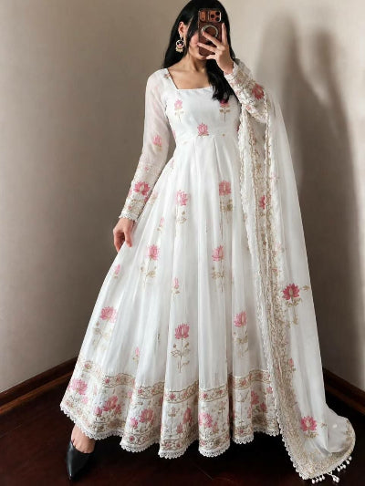 White With Pink Floral Embroidery Anarkali Gown Suit Set