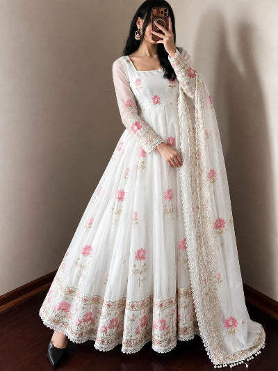 White With Pink Floral Embroidery Anarkali Gown Suit Set