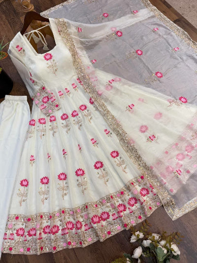 White With Pink Floral Embroidery Anarkali Gown Suit Set