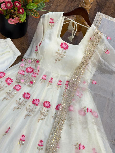 White With Pink Floral Embroidery Anarkali Gown Suit Set