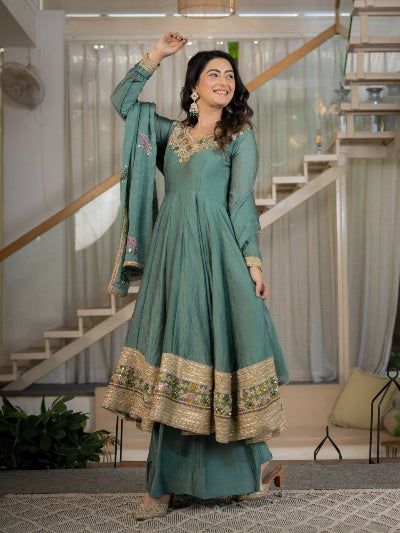 Dusty Teal Green Embroidered Anarkali Palazzo Suit