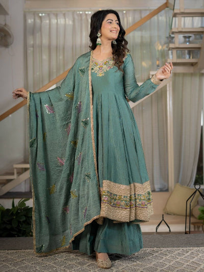 Dusty Teal Green Embroidered Anarkali Palazzo Suit