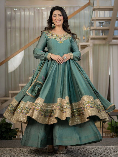 Dusty Teal Green Embroidered Anarkali Palazzo Suit