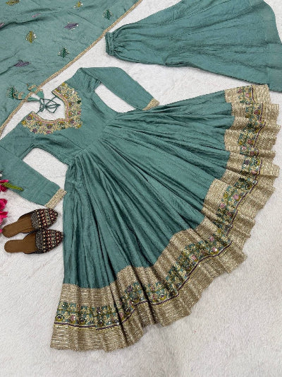 Dusty Teal Green Embroidered Anarkali Palazzo Suit