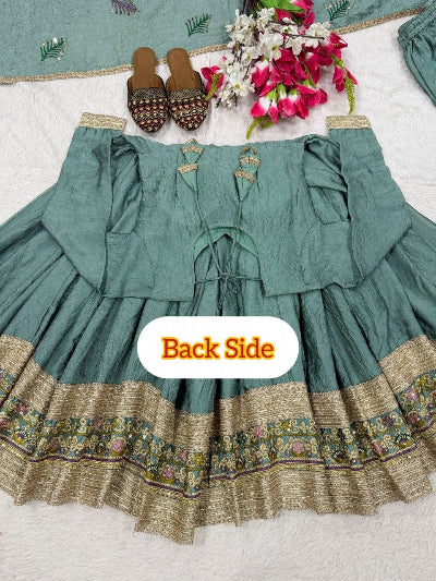 Dusty Teal Green Embroidered Anarkali Palazzo Suit