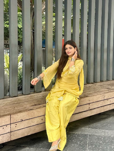 Yellow Embroidered Mul Chanderi Cotton Farshi Salwar Suit