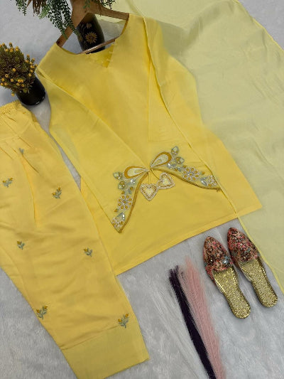 Yellow Embroidered Mul Chanderi Cotton Farshi Salwar Suit