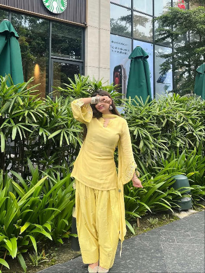 Yellow Embroidered Mul Chanderi Cotton Farshi Salwar Suit