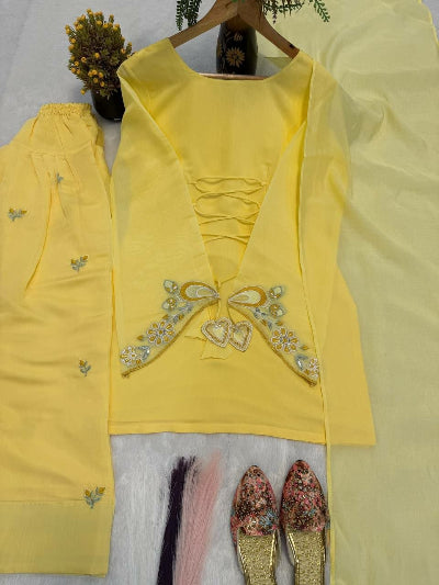 Yellow Embroidered Mul Chanderi Cotton Farshi Salwar Suit