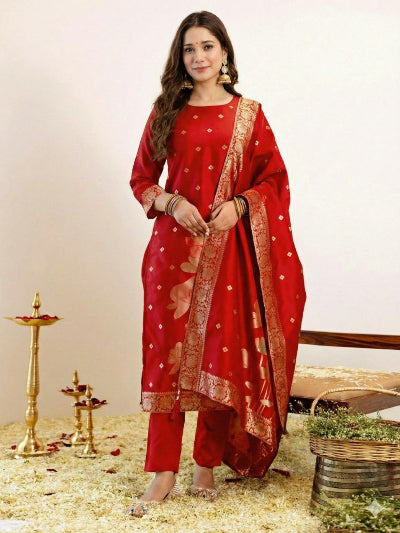 Red Art Silk Jacquard Straight Suit Set