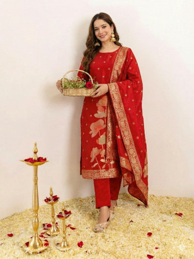 Red Art Silk Jacquard Straight Suit Set