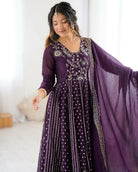 Purple Crunchy Silk Sequins Work Anarkali Suit Set - BONYHUBSALWAR KAMEEZ