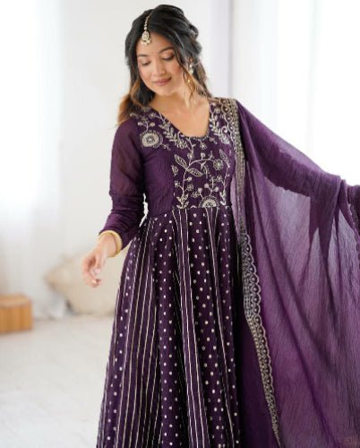 Purple Crunchy Silk Sequins Work Anarkali Suit Set - BONYHUBSALWAR KAMEEZ