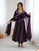 Purple Crunchy Silk Sequins Work Anarkali Suit Set - BONYHUBSALWAR KAMEEZ
