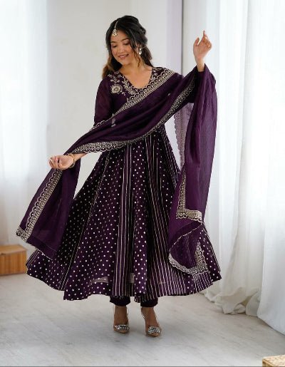 Purple Crunchy Silk Sequins Work Anarkali Suit Set - BONYHUBSALWAR KAMEEZ