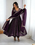 Purple Crunchy Silk Sequins Work Anarkali Suit Set - BONYHUBSALWAR KAMEEZ