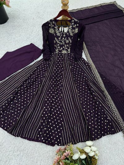 Purple Crunchy Silk Sequins Work Anarkali Suit Set - BONYHUBSALWAR KAMEEZ