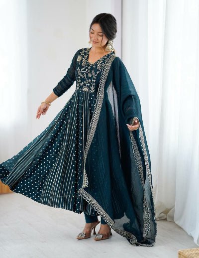 Deep Teal Blue Crunchy Silk Sequins Work Anarkali Set - BONYHUBSALWAR KAMEEZ
