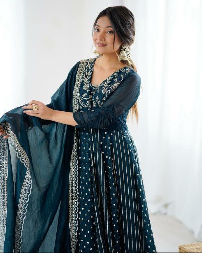 Deep Teal Blue Crunchy Silk Sequins Work Anarkali Set - BONYHUBSALWAR KAMEEZ