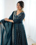 Deep Teal Blue Crunchy Silk Sequins Work Anarkali Set - BONYHUBSALWAR KAMEEZ