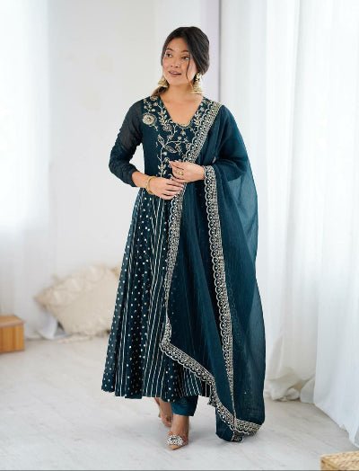 Deep Teal Blue Crunchy Silk Sequins Work Anarkali Set - BONYHUBSALWAR KAMEEZ